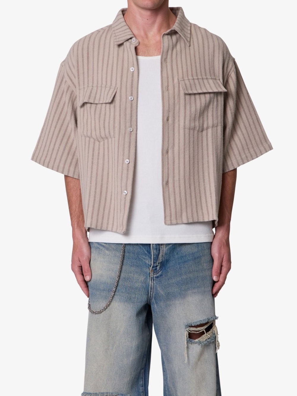 Mens mnml Cropped Boxy Striped Khaki Short Sleeve Shirt Relax Fit Sz:L